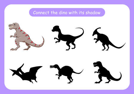 Worksheet connect the dinosaur with its shadow. Educational game for children. Trains attention and concentration. Vector illustrationのイラスト素材