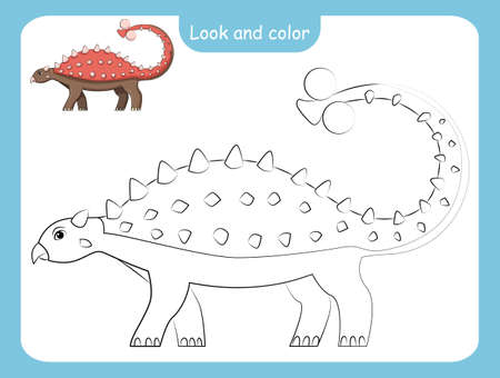 Look and color. Coloring page outline of dinosaur with colored example. Vector illustration, coloring book for kids preschool activities.のイラスト素材