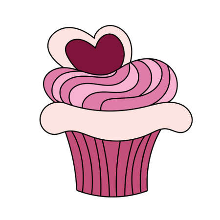 Hand drawn cupcake with cream and heart on the top. Vector illustration isolated on white backgroundのイラスト素材