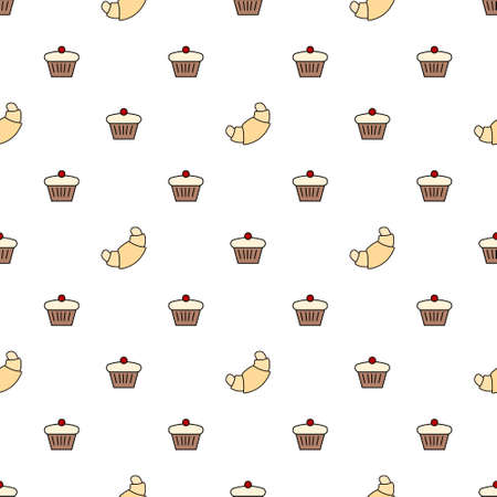 Seamless pattern with cupcake and croissant icons. Food background vector illustrationのイラスト素材