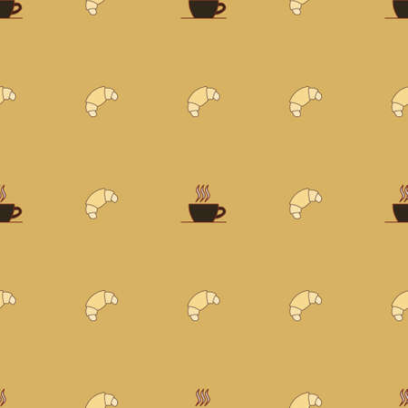 Seamless vector pattern with simple croissant cup of tea or coffee icon. Food pattern illustration for poster, banner, fabric.のイラスト素材
