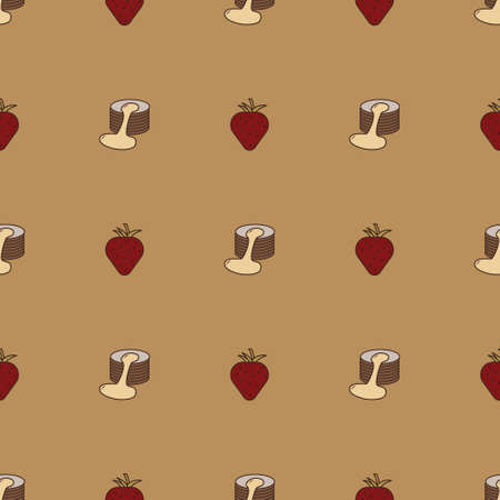 Seamless vector pattern with simple icons of strawberry and pancakes. Food pattern illustration for poster, banner, fabric.のイラスト素材