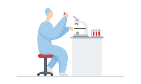 The laboratory assistant does a blood sample analysis. Illustration of a doctor sitting at a table with a microscope and holding a test tube with blood. Medical tests template.のイラスト素材