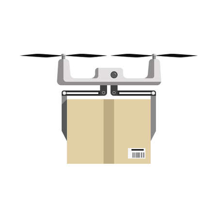 Flat quadrocopter with cargo,concept of fast shipping, innovative service and remote control toy. Vector illustraion isolated on white background.のイラスト素材