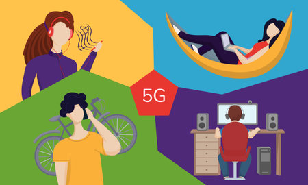 Illustration of people using 5G internet for listening music, working from home, geming, streaming,...
