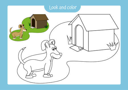 Look and color. Coloring page outline of a dog with colored example. Vector illustration, coloring book for kids preschool activities.のイラスト素材