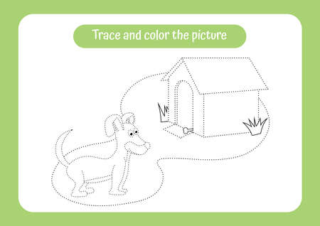 Little puppy. Trace and color the picture children s educational game. Handwriting and drawing practice. Pet theme activity for toddlers, kids. Vector illustration.のイラスト素材