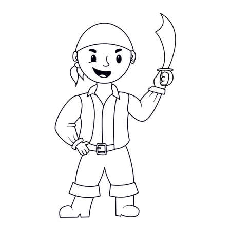 Coloring page outline with smiling little Pirate kid holding a saber. Vector illustration isolated on white backgroundのイラスト素材