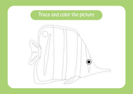Tropical fish. Trace and color the picture. Educational game for children. Handwriting and drawing practice. Ocean theme activity for toddlers, kids. Vector illustration.のイラスト素材