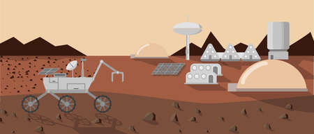Concept of Mars colonization. Explorer settlement on Mars. Flat design vector illustration.のイラスト素材