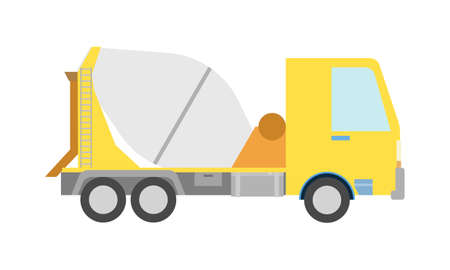 Yellow concrete mixer truck in flat style. Special machine for the construction work. Isolated on white background. Vector illustration.のイラスト素材