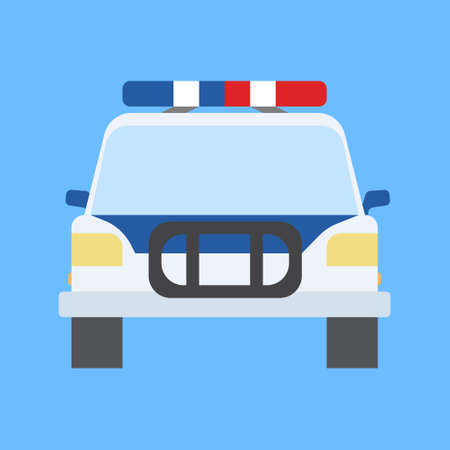 Police car in flat style. Front view, isolated on blue background. Vector illustration.のイラスト素材