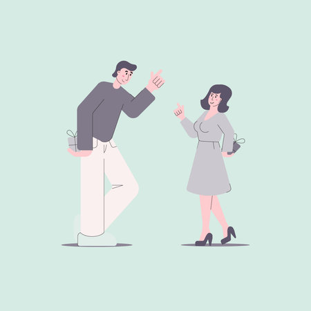 Couple of young people, a guy and a girl are holding gifts behind their backs to give them...