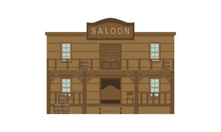 Saloon building on Wild west isolated on white background. Wooden old house cowboy bar in flat style...