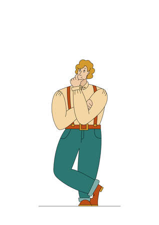 Man thinks or dreams with his hand on his chin and bending one leg. Vector illustration in cartoon style with thin stroke.のイラスト素材