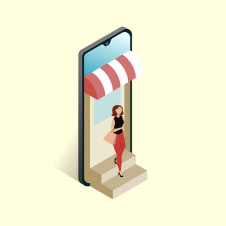 Isometric smartphone with a shop facade. Girl leaves the store and goes down the stairs. Concept of online shopping and e-commerce. Vector illustration isolated on white backgroundのイラスト素材