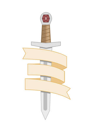 Medieval sword with ribbon around it. Flat vector illustration isolated on white background.のイラスト素材