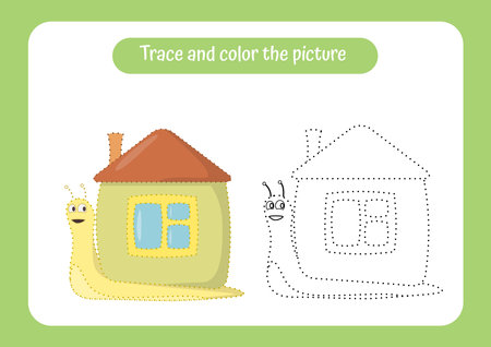 Snail. Trace and color the picture. Educational game for children. Handwriting and drawing practice. Nature theme activity for toddlers, kids. Vector illustration.のイラスト素材