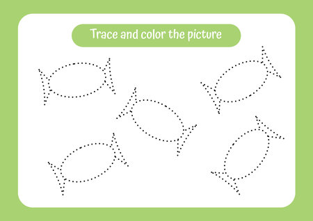 Sweet. Trace and color the picture. Educational game for children. Handwriting and drawing practice. Food theme activity for toddlers, kids. Vector illustration.のイラスト素材