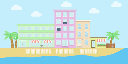 Hotel near the sea or ocean with deck chairs on the beach. Flat style vector illustration.のイラスト素材