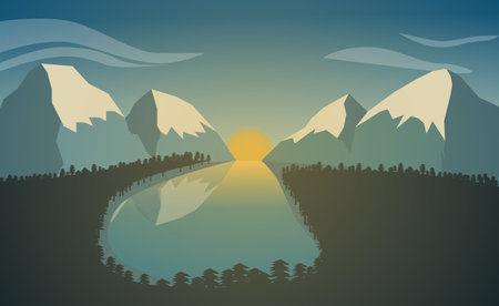 Mountain landscape with lake and forest. Sunrise in the mountains. Vector illustration.のイラスト素材