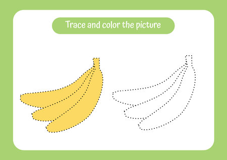 Banana. Trace and color the picture. Educational game for children. Handwriting and drawing practice. Fruit theme activity for toddlers, kids. Vector illustration.のイラスト素材