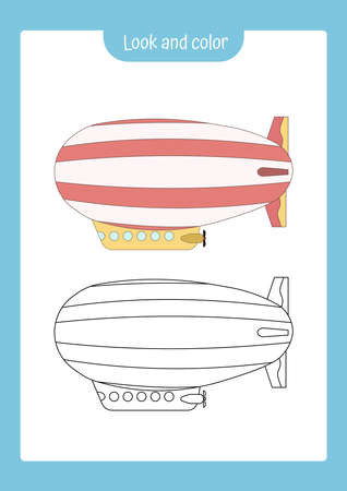 Coloring page outlineof zeppelin with colored example. Vector illustration isolated on white backgroundのイラスト素材