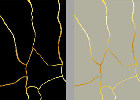 Gold kintsugi vector texture. Broken ceramic background. Kintsugi crack vector illustration.のイラスト素材