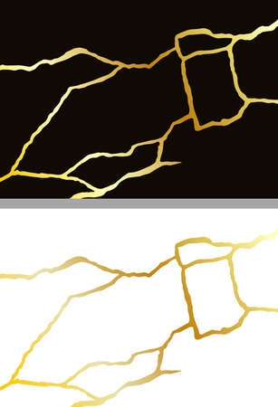 Gold kintsugi vector texture. Broken ceramic background. Kintsugi crack vector illustration.のイラスト素材