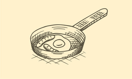 Scrambled eggs and sausages in a frying pan, hand drawn sketch vector illustration.のイラスト素材