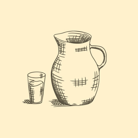 A jug of milk and a glass of milk, hand drawn sketch vector illustration.のイラスト素材