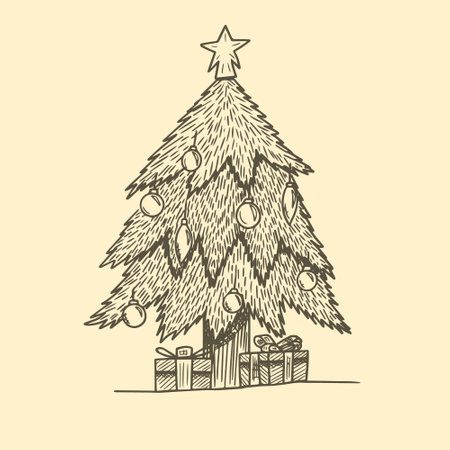 Christmas tree with a star on top and gift boxes, hand drawn sketch vector illustration.のイラスト素材