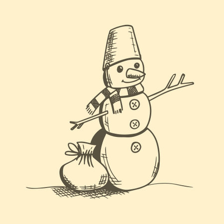 A snowman with a bucket on his head and a scarf around his neck and a bag of presents beside him, hand drawn sketch vector illustration.のイラスト素材