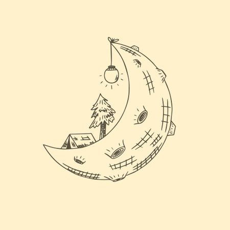 A tent next to a pine tree and a glowing light bulb on the moon. Hand drawn sketch vector illustration.のイラスト素材