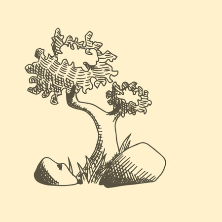 Hand drawn, vector illustration of a small tree and a stone near it.のイラスト素材