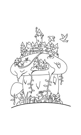Hand drawn vector illustration of castle on the top of the mushroom.のイラスト素材