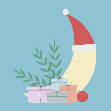 Christmas composition of moon with santa hat on it, gift boxes and mistletoe. Vector illustration.のイラスト素材