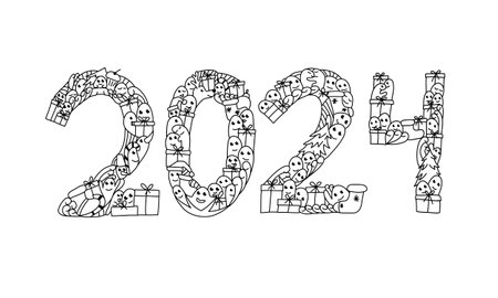 The numbers 2024 doodle with funny people, gift boxes and New Year decoration. Vector illustration.のイラスト素材