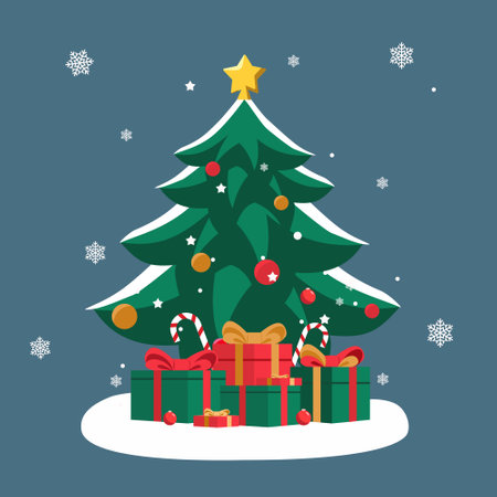 Vector illustration of decorated Christmas tree with gift boxes near it.のイラスト素材