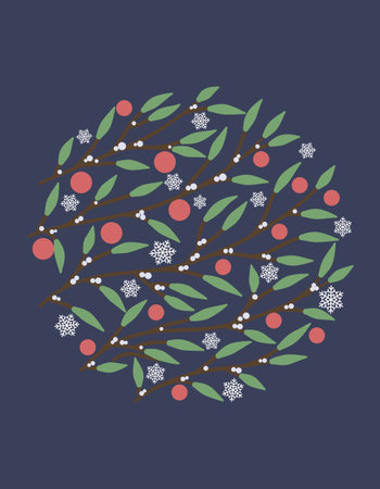 Circle made of Christmas toys, mistletoe and snowflakes, vector illustration.