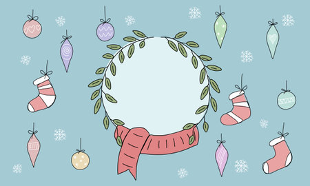 Vector illustration with Christmas and New Year elements. Gift sock, glass balls, holly leaves, gift boxes, snowflakes.のイラスト素材