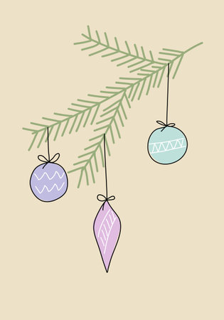 Fir branch decorated with christmas balls, vector illustration.のイラスト素材