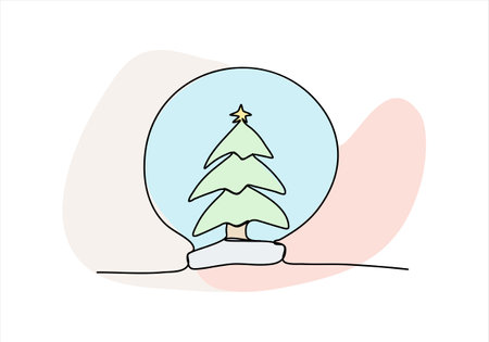 Snow globe one line drawing colored with pastel colors, vector illustration.のイラスト素材
