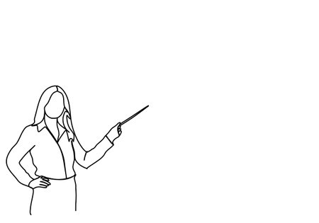 Woman in a business suit with a pointer in her hands stands near the blackboard. One line drawing vector illustration.のイラスト素材