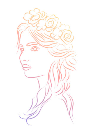 Portrait of a young woman. Silhouette of a girl with soft red and orange gradient. Vector illustration.のイラスト素材