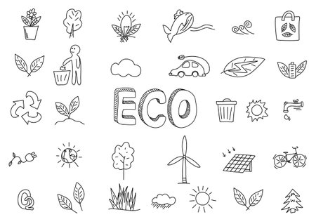 Set of ecology doodle pictures, vector illustration.のイラスト素材