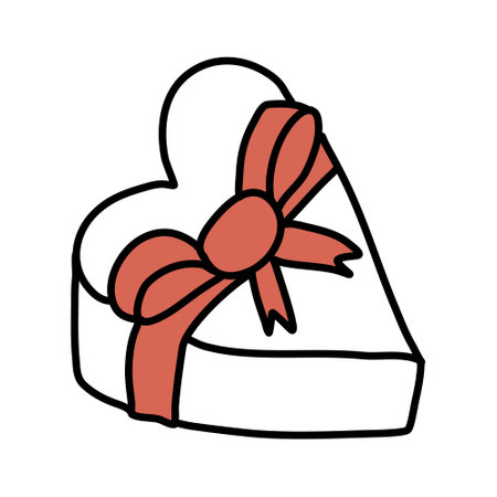 Gift box in the shape of a heart with a big red bow, vector doodle illustration.のイラスト素材