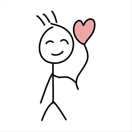 A man holding a balloon in the shape of a heart, doodle vector illustration.のイラスト素材