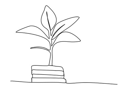 Coins stack with growing plant, one line drawing vector illustration.のイラスト素材