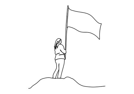 Woman holding a flag on top of a mountain, one line drawing vector illustration.のイラスト素材